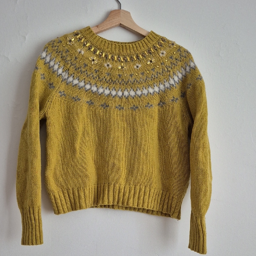 J. Crew Mustard Fair Isle Wool Crewneck Sweater